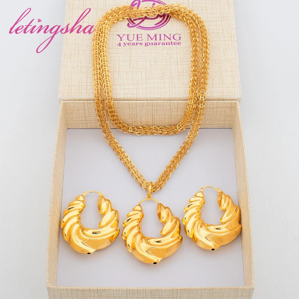 Maxy Luxury Gold Color Earrings Ins TK Hot Sale Long Necklace Chain Set Fashion Jewelry Wedding Party Anniversary Gift