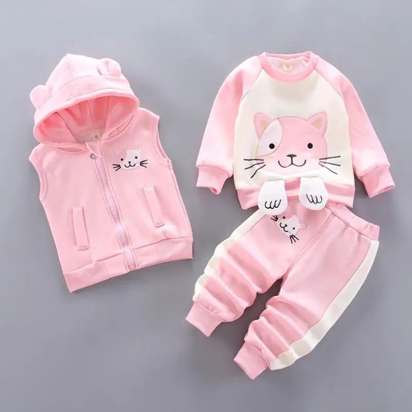 Maxy 2024 New Baby Boys Girls Christmas Cartoon Winter Hooded Plush Warm Vest Coat+Sweatshirt+Pants 3Pcs Infant Children Sports Suit