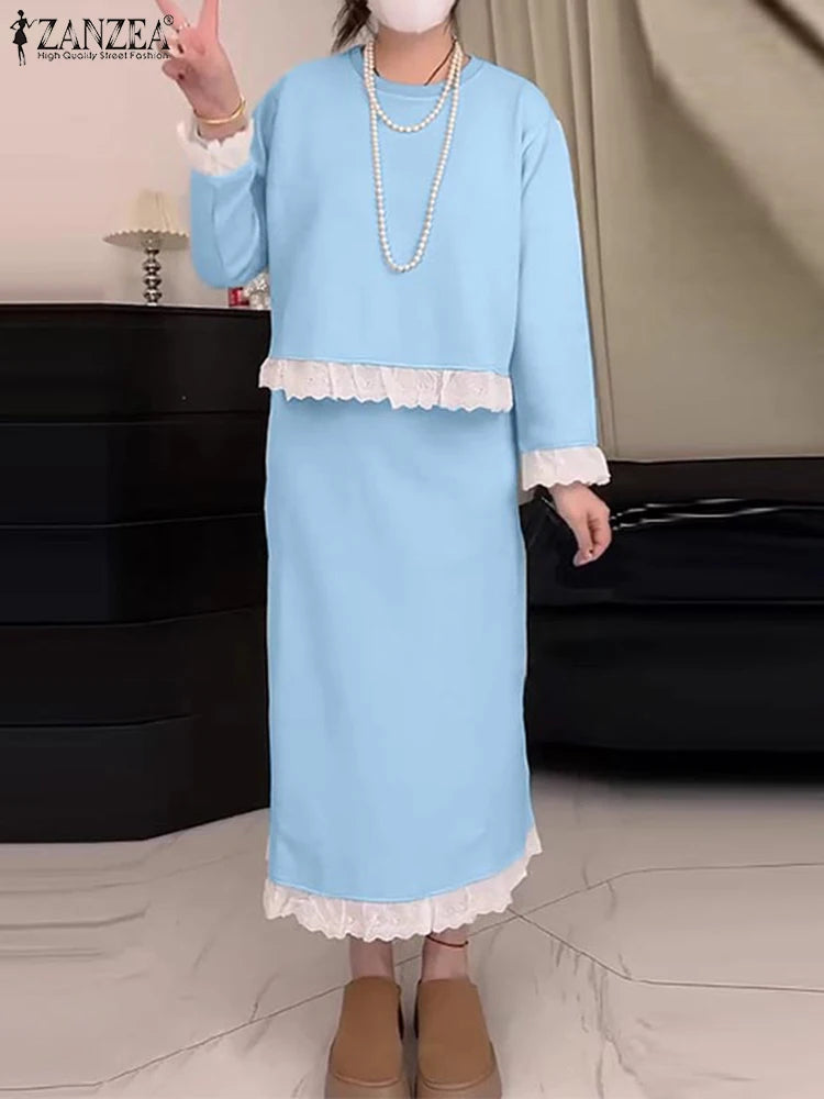 Maxy Fashion Summer Spring Matching Sets ZANZEA Women Sets Casual Lace Patchwork Dress Sets 2PCS Two-piece Outfits Oversized