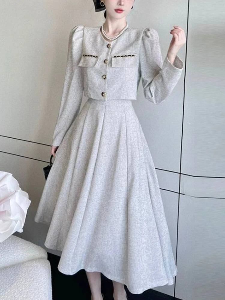Maxy Korean Fashion Long Dress Set Women Vintage Elegant Office Lady Chic Skirt Sets Female Spring Casual Slim Evening Party Sets