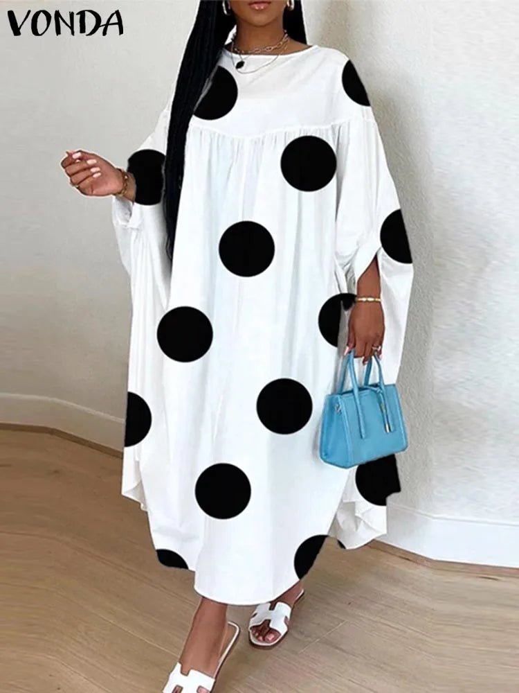 Maxy Plus Size Women Dot Printed Dress Bohemian Sundress Three Quarter Summer Party Vestidos Bat-wing Sleeve Casual Robe