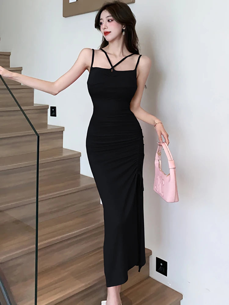 Maxy New Rose Red Elegant Bodycon Bandage Slit Long Dress Women Fashion Chic Sling Sexy Dress Summer Korean Luxury Eveing Dress