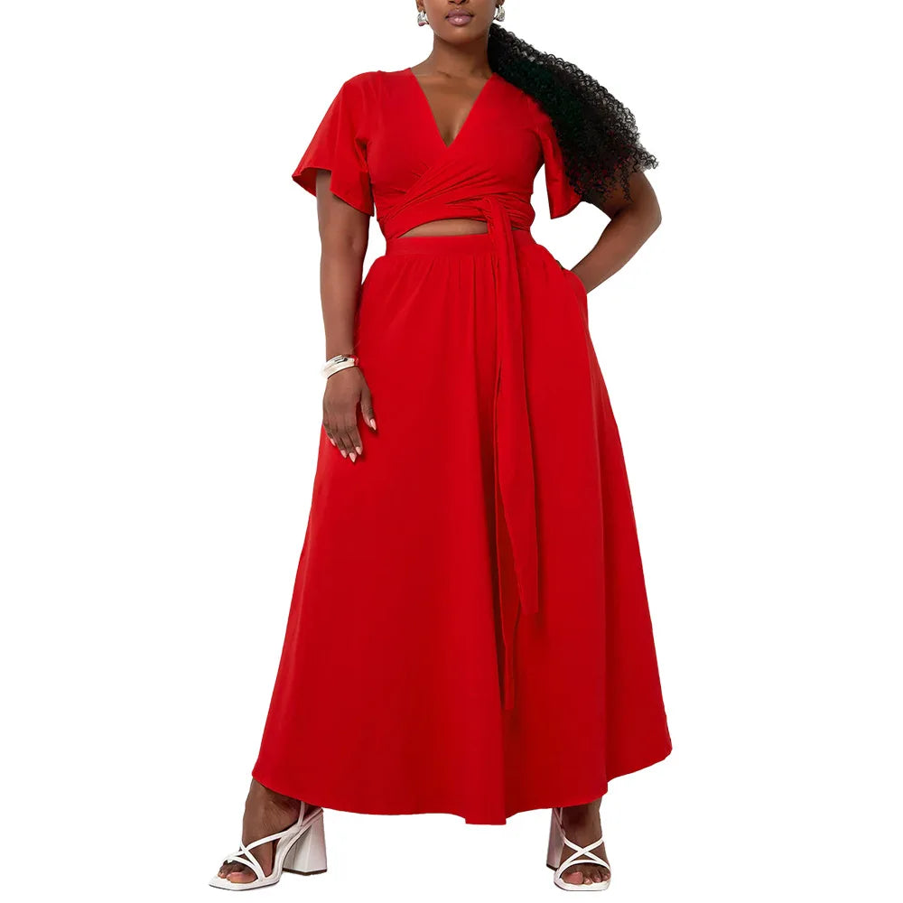 Maxy Two Piece Set Plus Size Clothes Spring Summer V-Neck Short Sleeve Top Maxy Skirt Women Sets Streetwear Casual Office Lady Suit