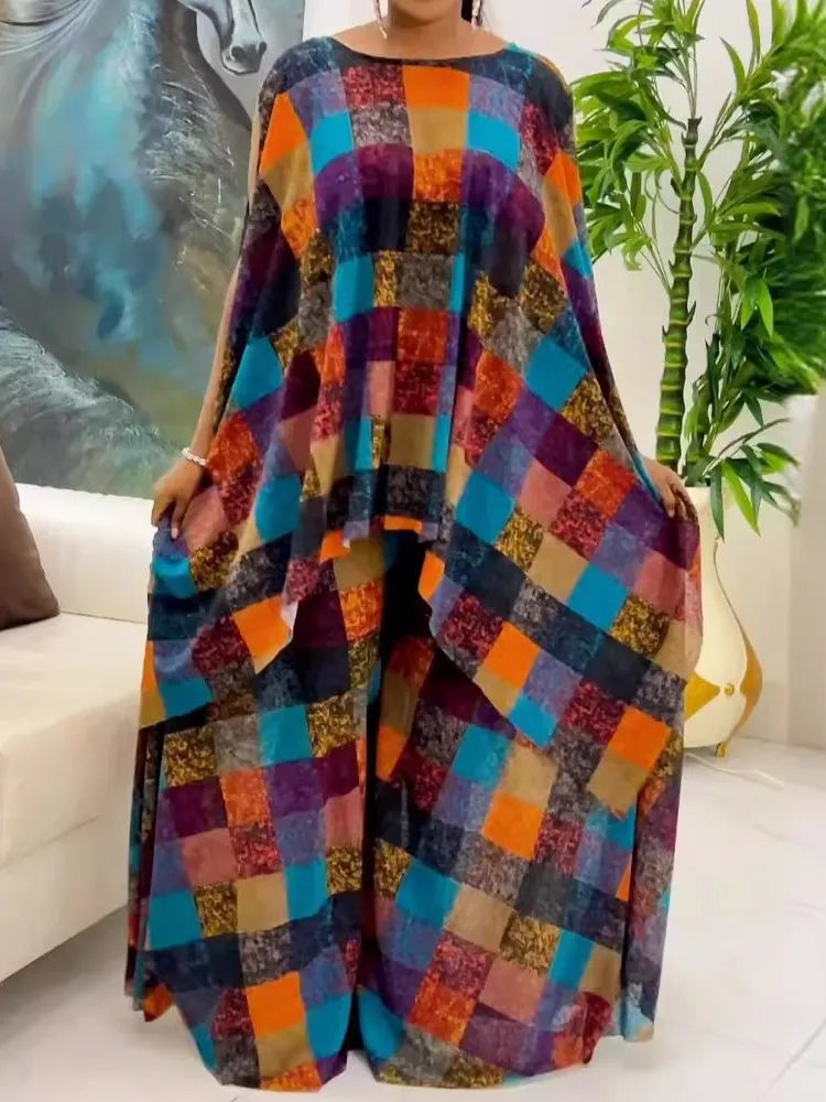Maxy Two Piece Set Chiffon Africa Clothes For Women African Dashiki Fashion Suit Printed Loose Shawl Top And Wide Leg Pants Suits