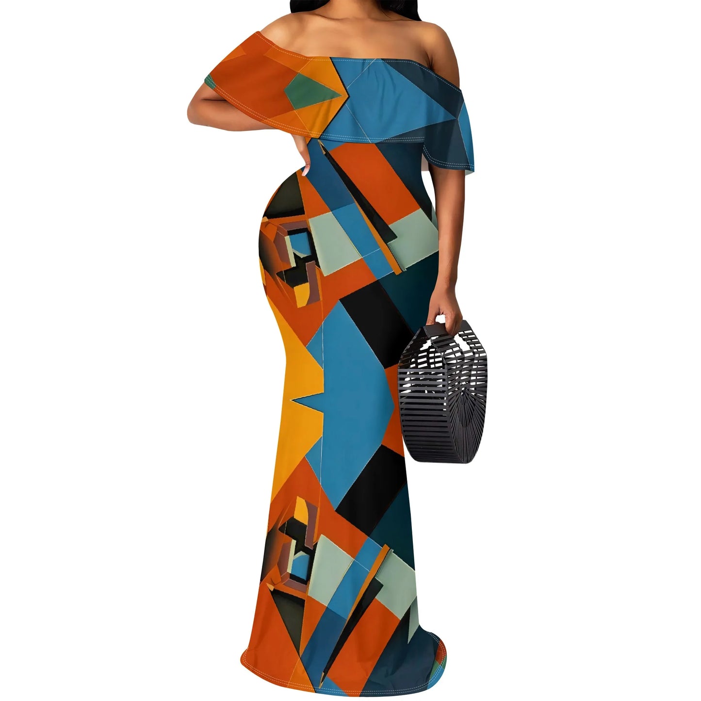 Maxy Sparkle Diamond Print Maxy Dress S-3XL Off Shoulder Bodycon Mermaid Style for New Year’s Eve, Holiday Dinner or Glam Party Look