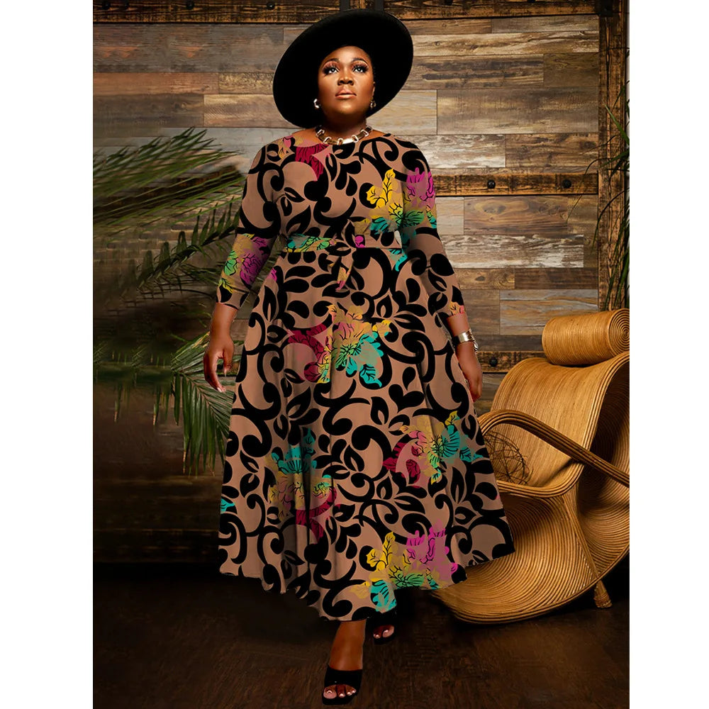 Amay Plus Size Print Elegant Dress Autumn Winter Female Loose Wide Long Robe Women Fashion Casual Cloth Large Size Party Dress