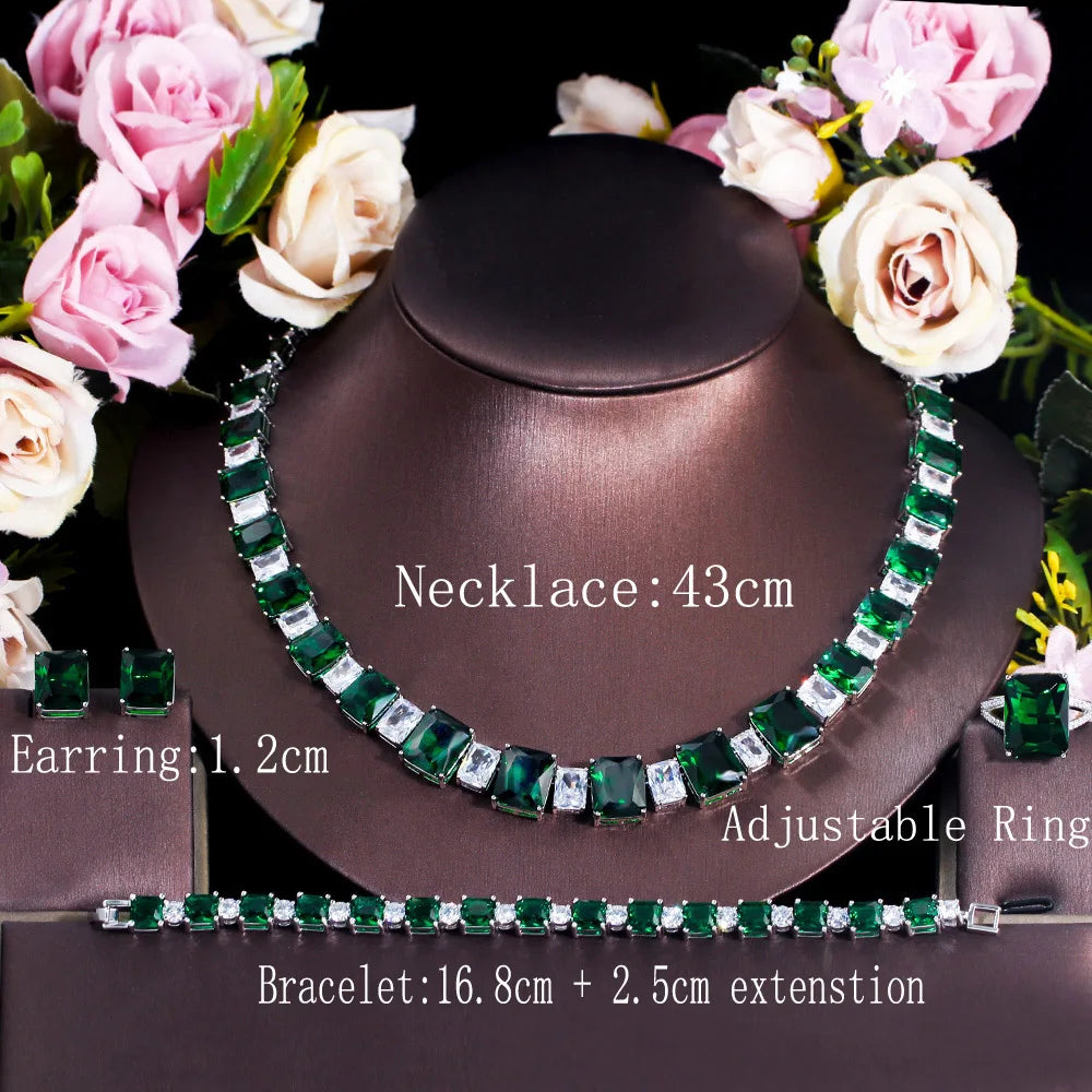 Maxy 4 pcs Luxury Dark Green Square Cubic Zirconia Nigerian Dubai Jewelry Sets Bridal Wedding Costume Accessories T624