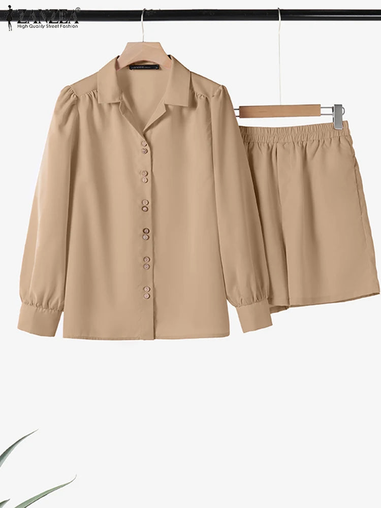 Maxy Women Shorts Sets ZANZEA Elegant Long Sleeve Shirt Pant Suit Spring 2PCS Outfits Casual Loose Matching Set Summer Tracksuit