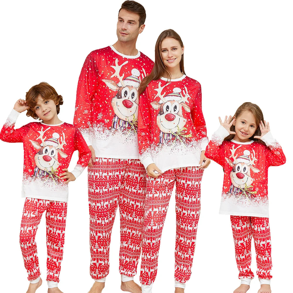 Maxy Christmas Family Matching Pajamas Set Father Mother Kids Red Cartoon Elk Print Sleepwear Adult Boys Girls Homewear Baby Rompers