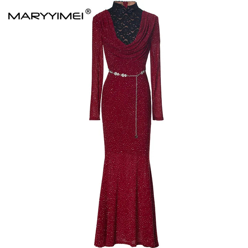Amay Fashion design Women's Dress Stand collar Long Sleeves Pretty Slim-Fit Hip Wrap Lace Hollow Out Mermaid Evening Dress