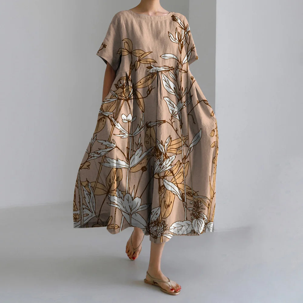 Maxy Summer New Bohemian Casual Dresses Vintage Women's Cotton Printed Dresses Womens Floral Long Dresses Round Neck Pullover Dresses