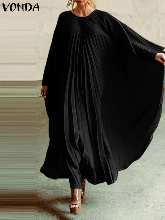 Maxy Plus Size Women Solid Color Maxy Dress VONDA Casual Oversize Round Neck Elegant Vestidos Long Sleeve Robe Ruffles Sundress