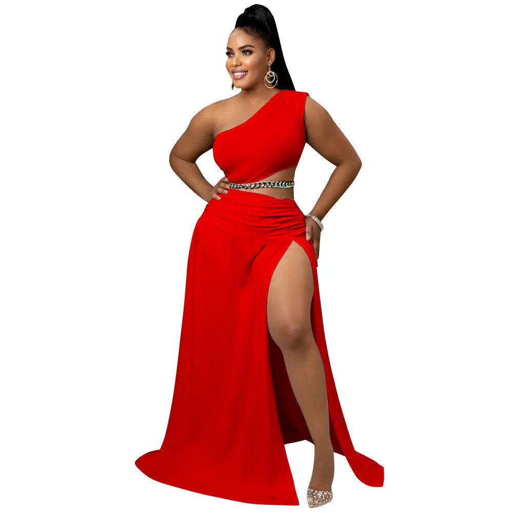 Maxy Women Clothes Set Sexy One Shoulder Crop Top Side Split A Line Skirt Beach Party Two Pieces Set Summer