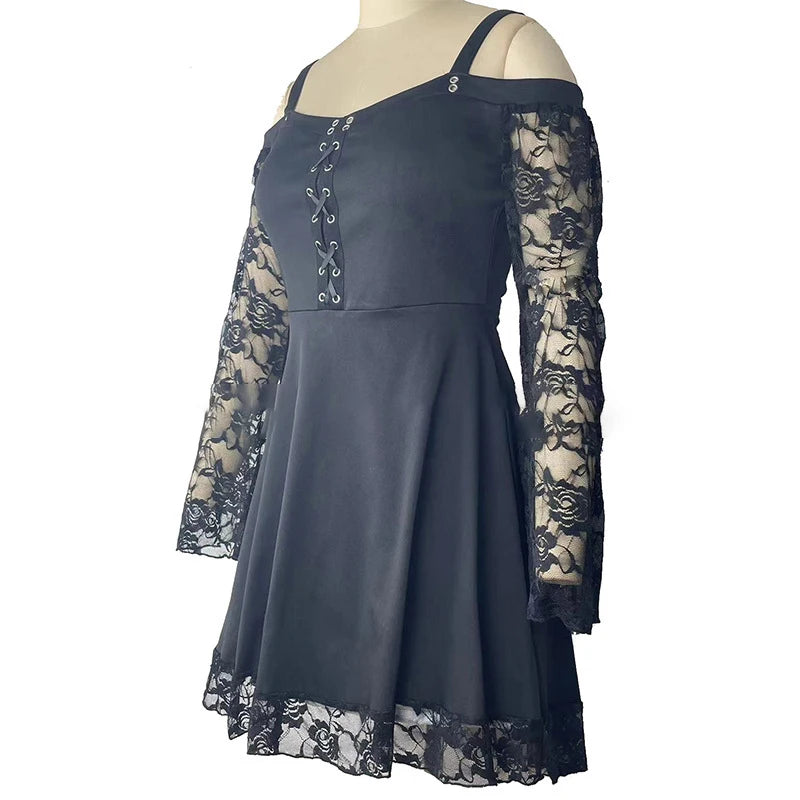 Maxy Women's Summer Gothic Mini Dress Large Size Sexy Off Shoulder Lace Bodycon Dresses Flared Sleeve Bandage Party Plus Size