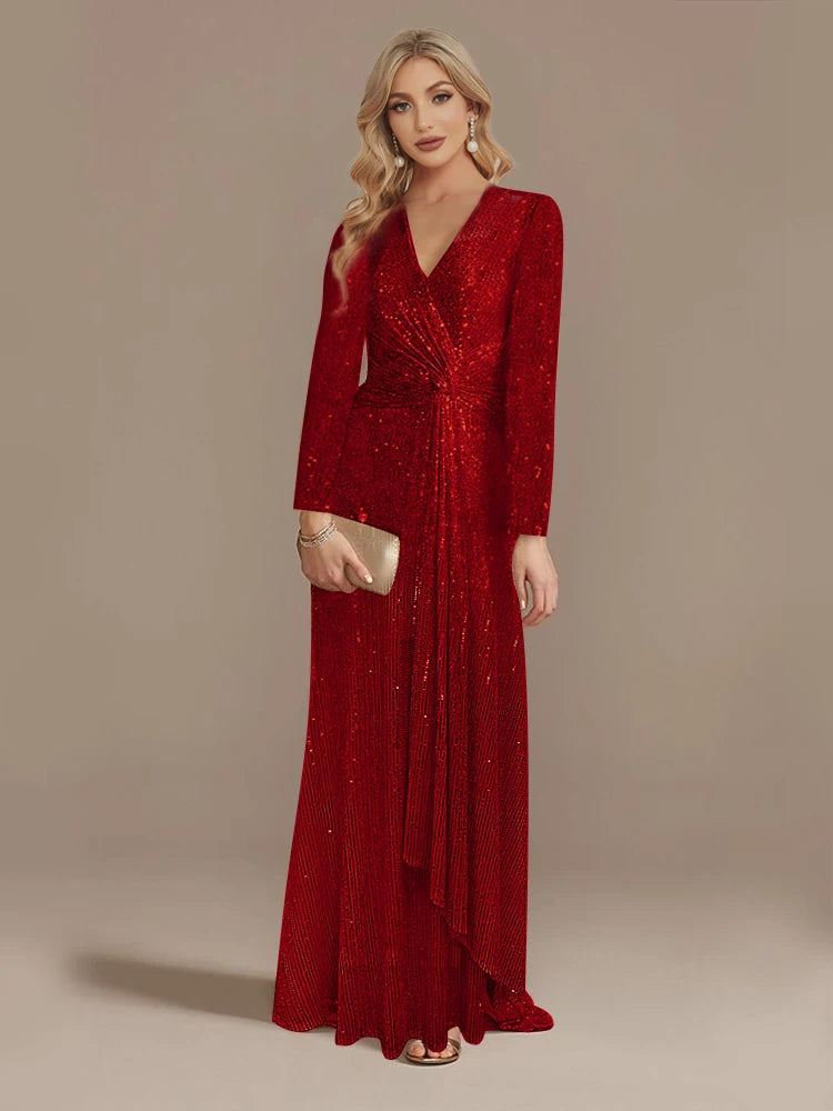 Maxy Luxury Long Sleeve V-Neck Evening Dress Wedding Party Sequins For Women Female Guests Red Prom Cocktail Dresses