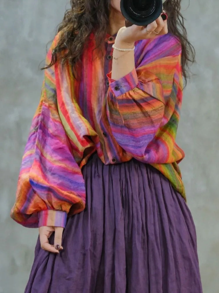Maxy Oversized Summer 2 Two Piece Set Women Striped Print Casual Long Sleeve Ladies Shirt Elastic Waist Modis Ruffle Woman Long Skirt