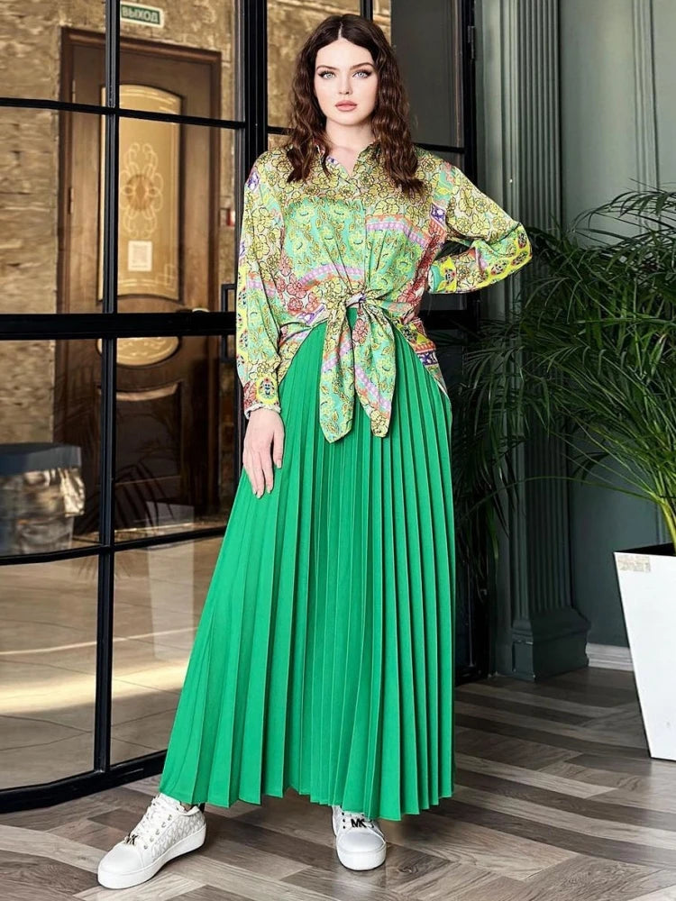 Amay Women Sets Two Piece Set Print Long Lantern Sleeve Top And Elegant Long Skirt High Streetwear Casual Beach Suit