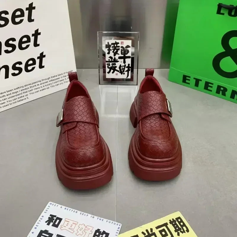 Maxy New Square Head British Small Leather Shoes Children's Fashion Trend Red Thick Sole Elevated Single Shoes