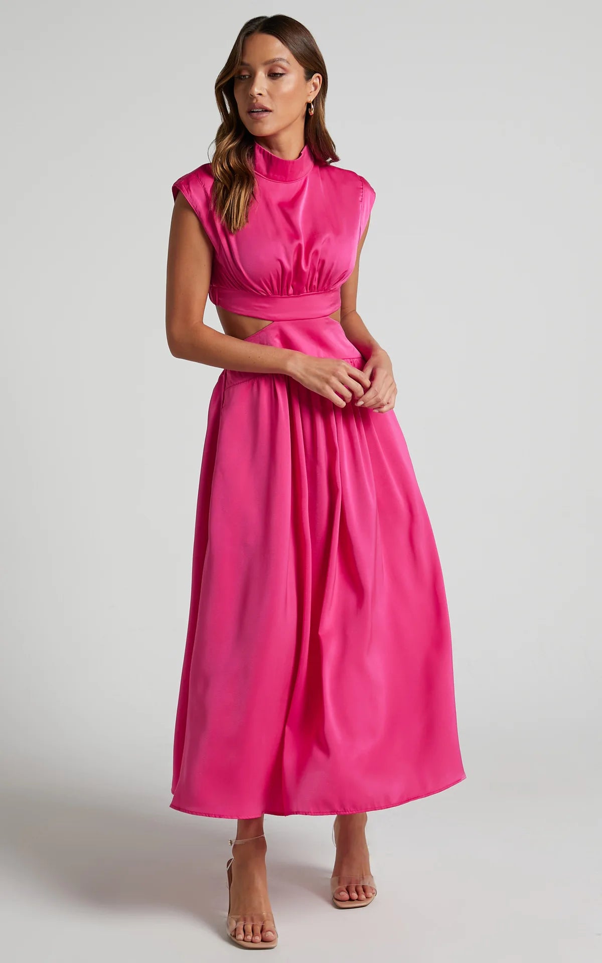 Maxy Summer Solid Color Sleeveless Dresses Women Temperament Elegant Stand Collar Hollow Out A-line Long Dress Ladies Trendy Vestidos