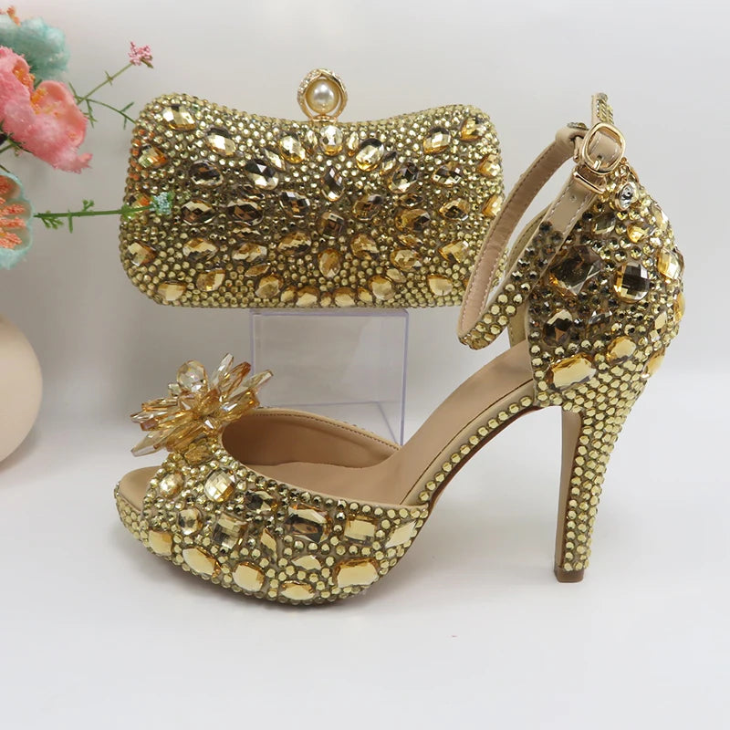 Maxy Champagne Gold Wedding shoes and purse for Women Bridal Fashion High Pumps Open Toe Party Shoe and bag Ankle Strap