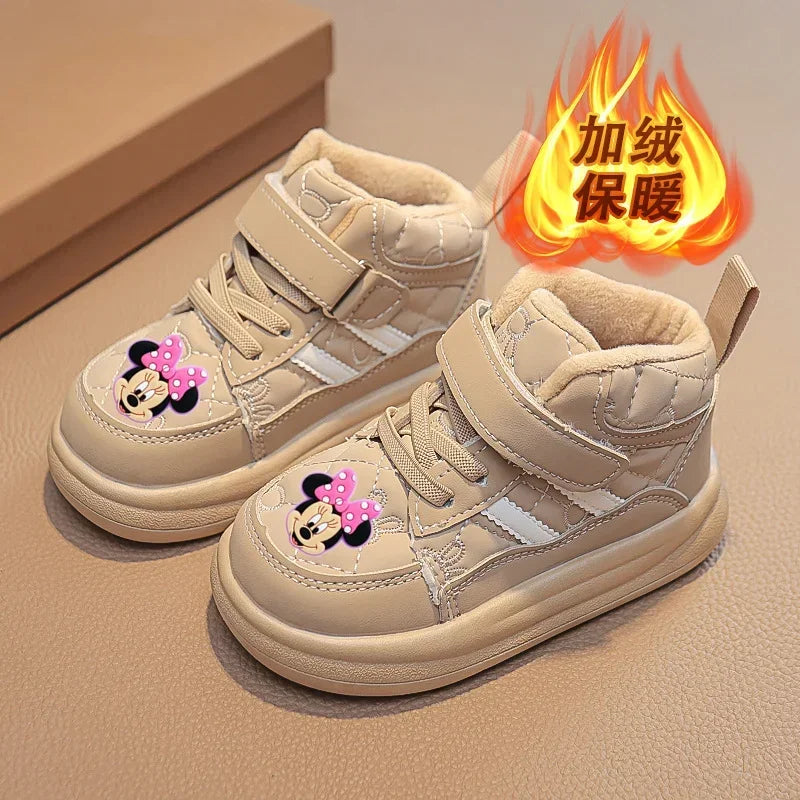 Maxy Disney Mickey Mouse Autumn and Winter Children's Casual Shoes Plus Velvet Warm Fashion High Top Board Shoes Boys Girls Sneakers
