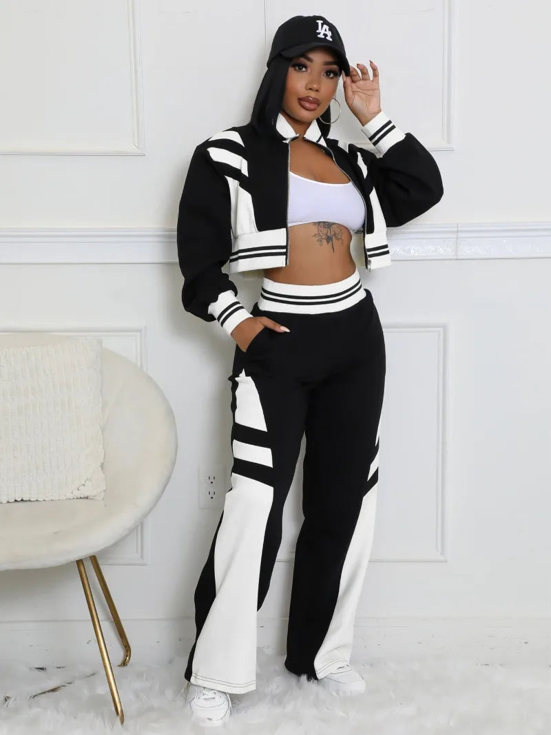 Maxy Contrast Color Women Autumn 2 Piece Set Stand Collar Long Sleeve Zipper Sweatshirts Crop Tops + Flare Pants Streetwear Tracksuit