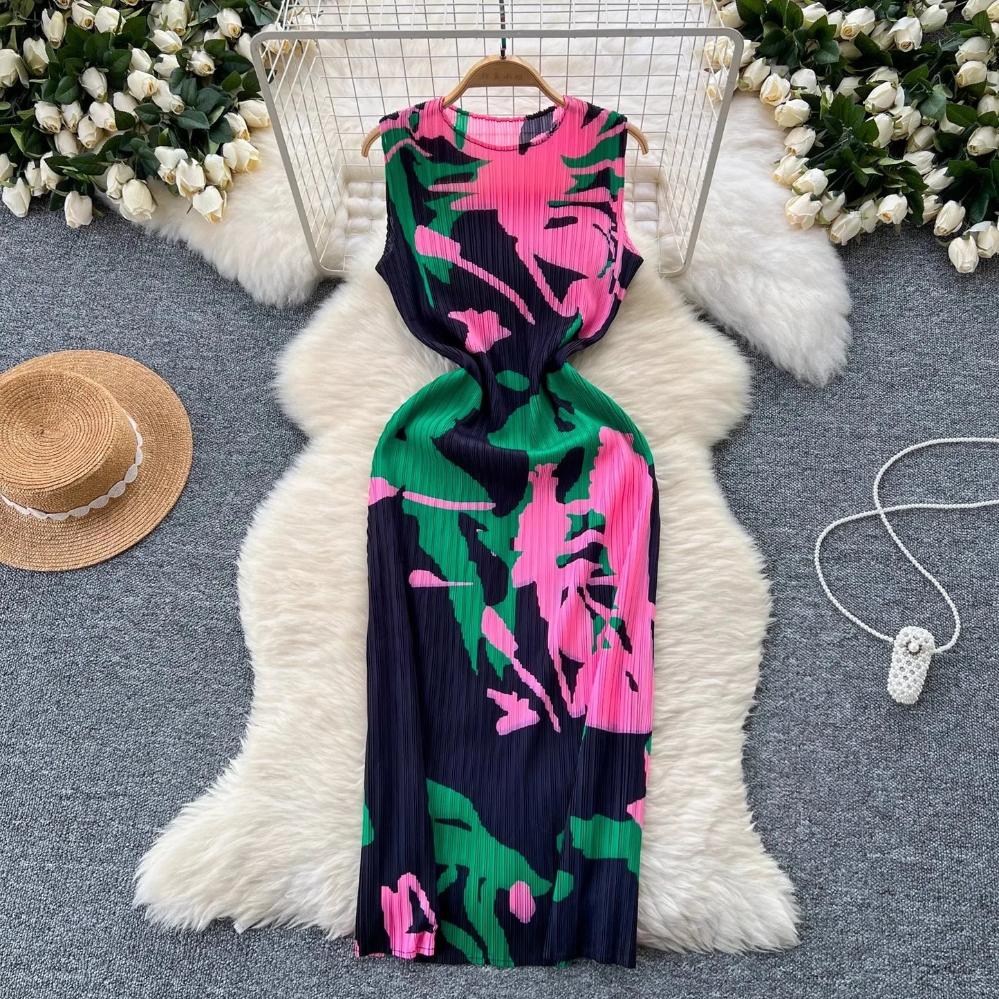 Maxy Summer Holiday Floral Print Miyake Long Pleated Dress Women Clothing Sleeveless High Stretch Straight Draped Loose Robe