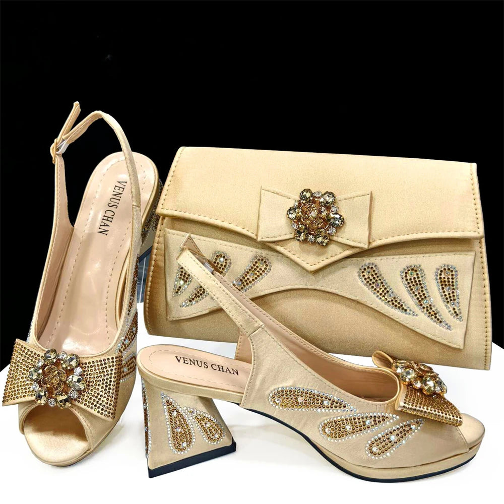 Maxy Shoes And Bag Sets for Evening Party with Stones Italian Leather Handbags Match Bags!