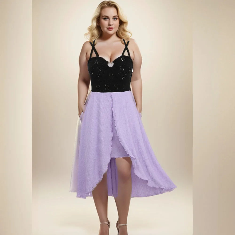Maxy Plus Size Women's Summer Dress Cinched Hollow Out Crisscross Strappy Crinkle Textured Patchwork Asymmetric Dress Vestios