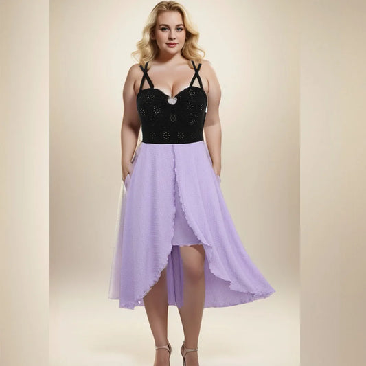 Maxy Plus Size Women's Summer Dress Cinched Hollow Out Crisscross Strappy Crinkle Textured Patchwork Asymmetric Dress Vestios