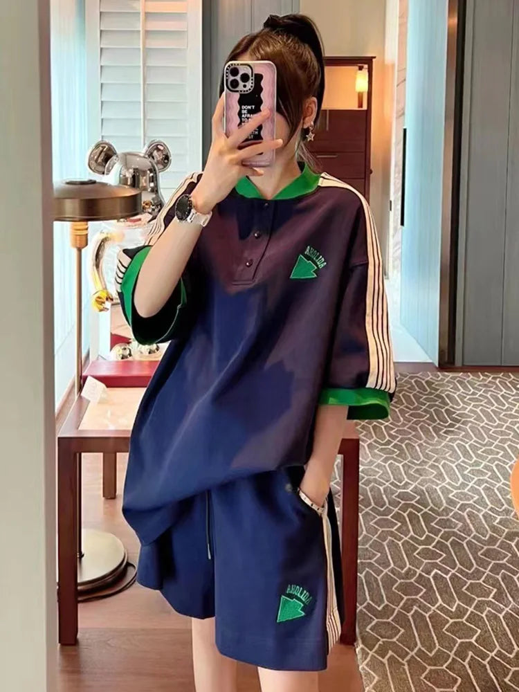 Maxy Navy Loose Side Patch Streetwear Tracksuit Summer Shirts Shorts Pants Embroidery Two Piece Sets Womens Outifits Harajuku Casual