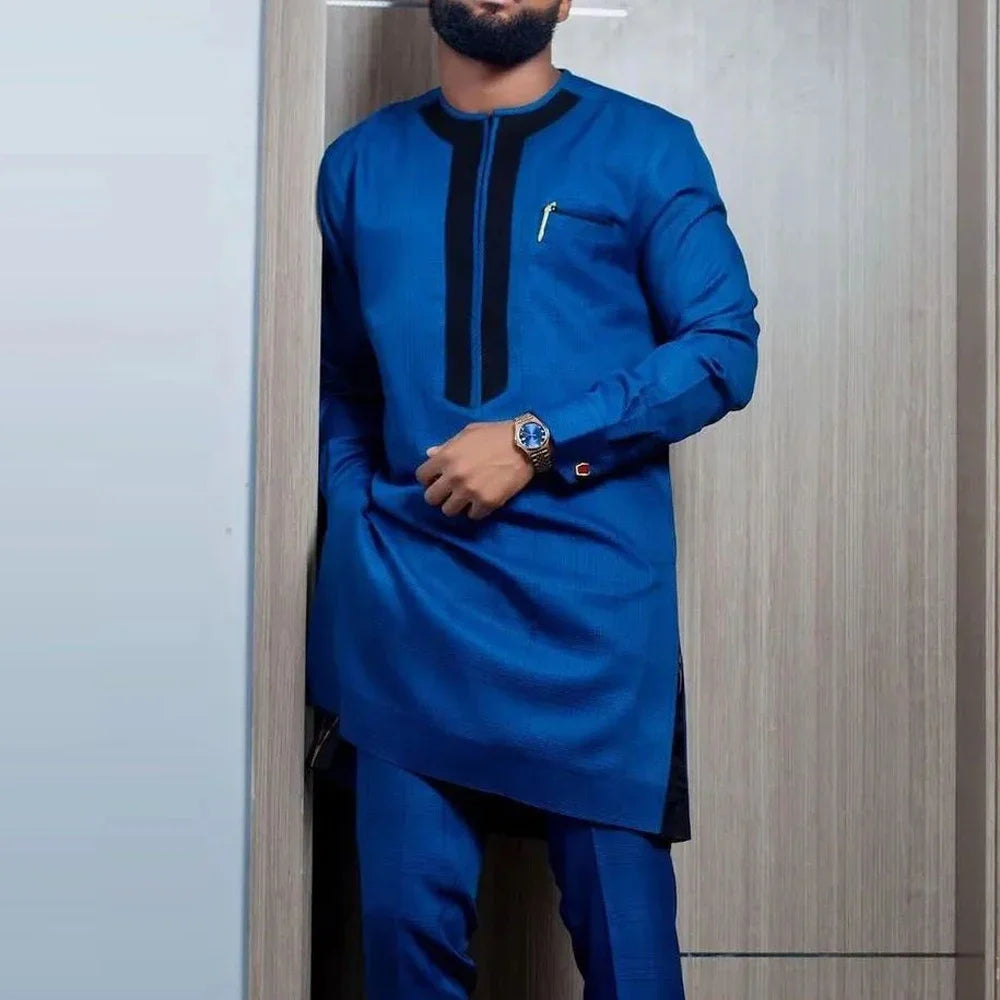 Amay New Kaunda Men's Set Fashionable and Elegant Men's Wedding Set Round Neck Long Sleeve Embroidered Men's Full Set Suit