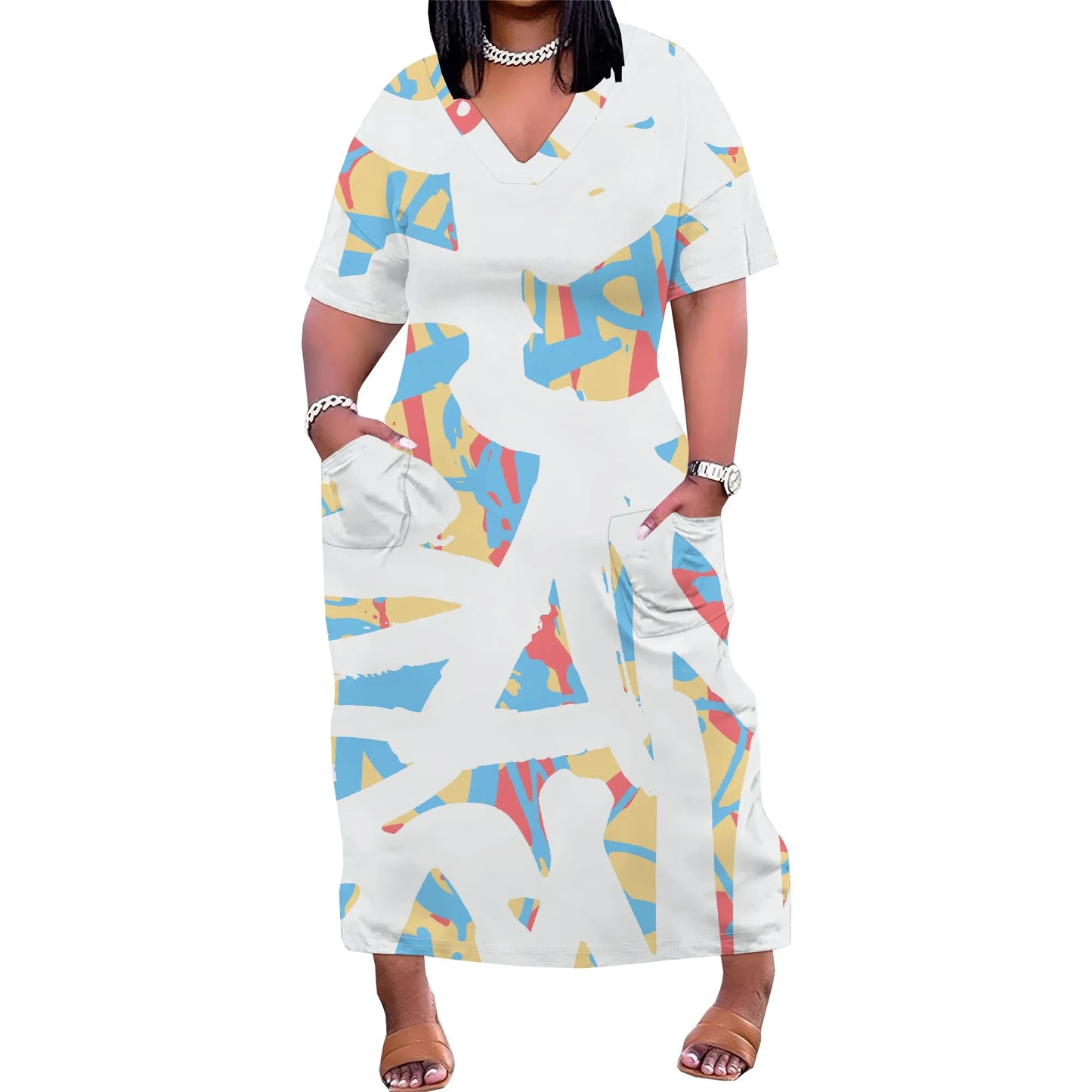 Maxy Plus Size Women Dress with Pockets, Short Sleeve Loose and Comfortable Long Dress for Beach, Party, Work, Spring