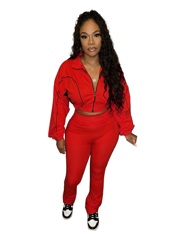 Maxy Trendy Women Clothes Contrast Color Tracksuit Zip Crop Jacket and High Waist Flare Pants Suit Sports Gym 2 Two Piece Set