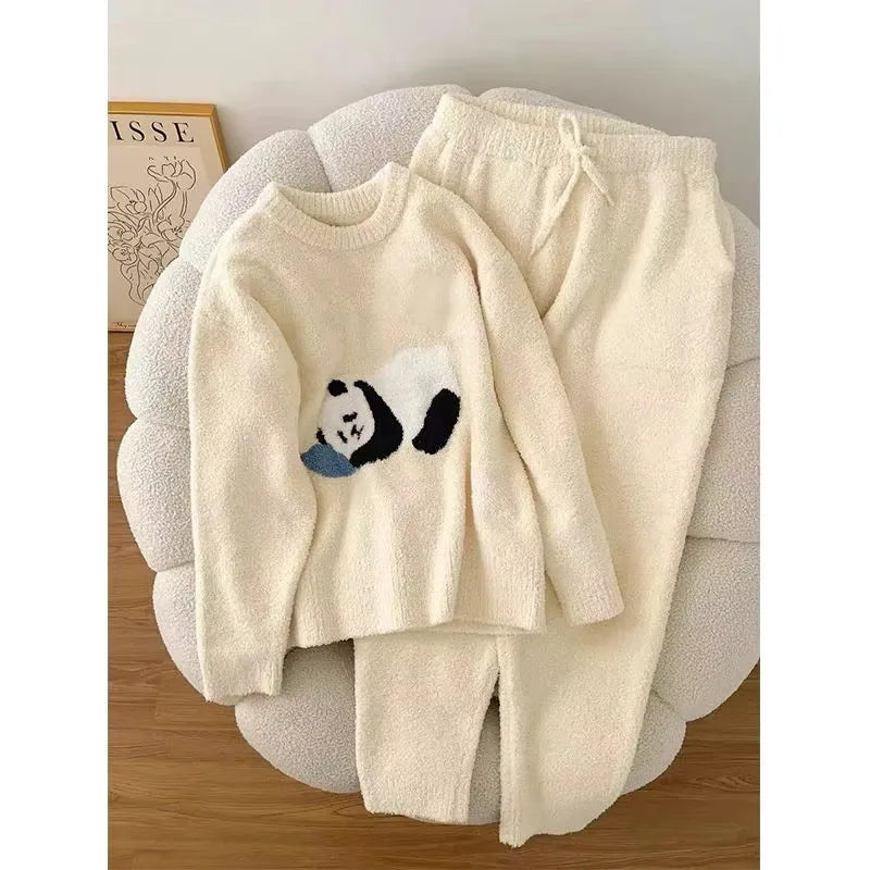 Maxy Winter Cute Panda Flannel Pamas Set Women Kawaiii Pattern Sleepwear For Girl Fashion Pullover Veet Woman's Pijamas