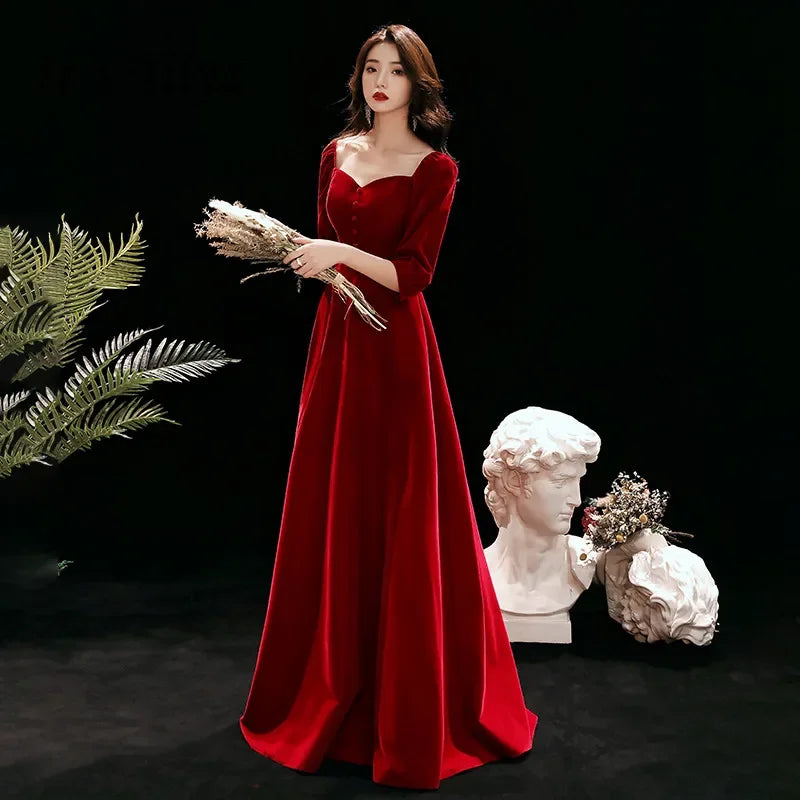 Amay Customized Evening Dress Wine Red Flannel Square Collar 3/4 Sleeves Plus Size robe de soiree Woman Party Formal Gowns