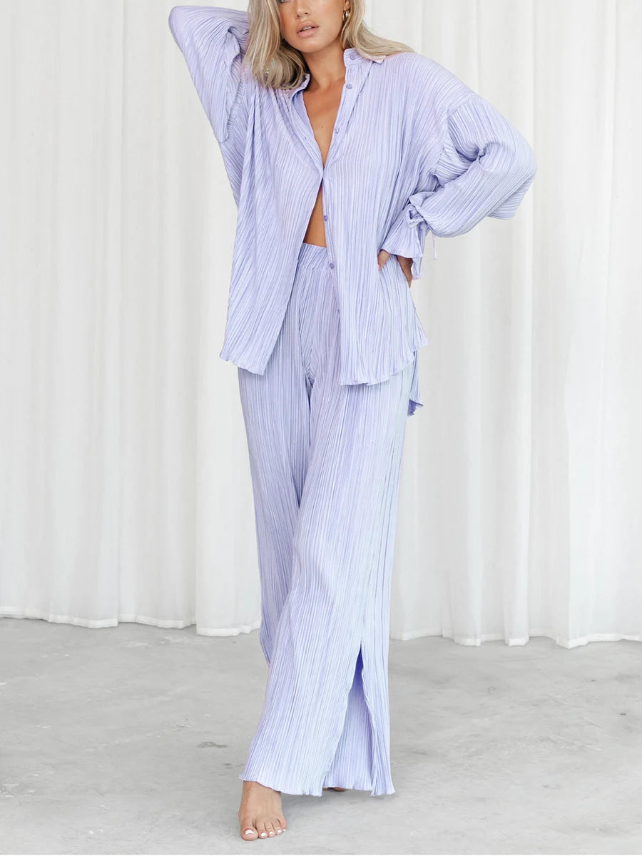 Maxy Women Pleated Pants Suits Set Casual Chic Solid Color Long Sleeve Oversized and Wide Leg Pants Trousers 2023 Elegant Tracksuit