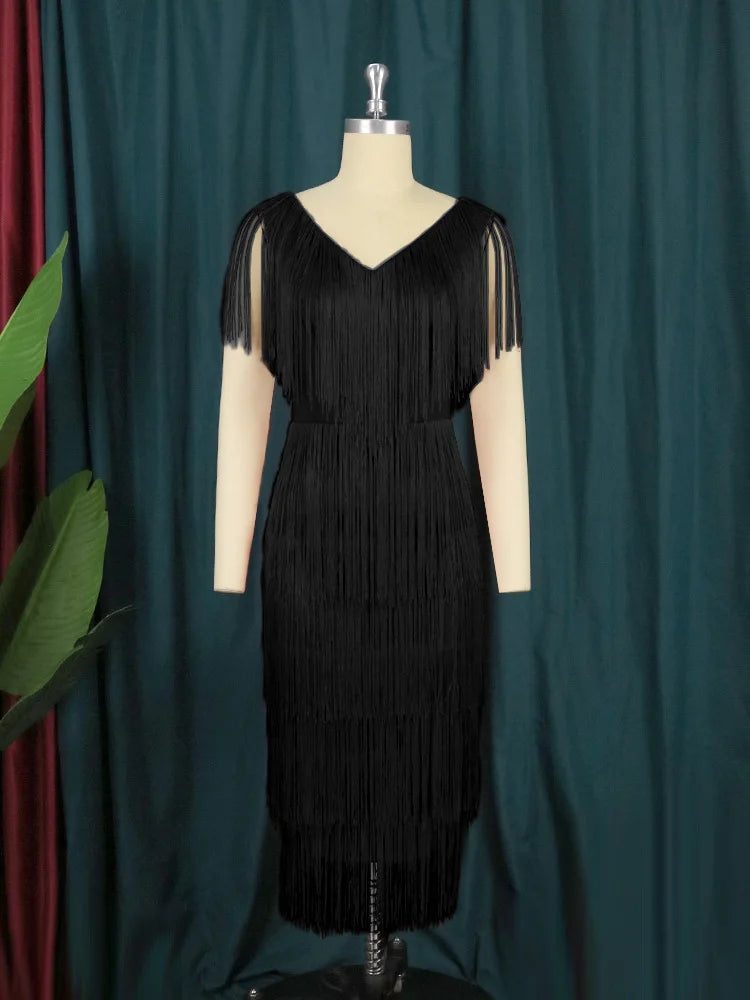 Maxy Plus Size Tassel Sleeveless Elegant Dress Female Luxury Dinner Prom Women Solid Fringed Robe Fashion Large Size Evening Dress