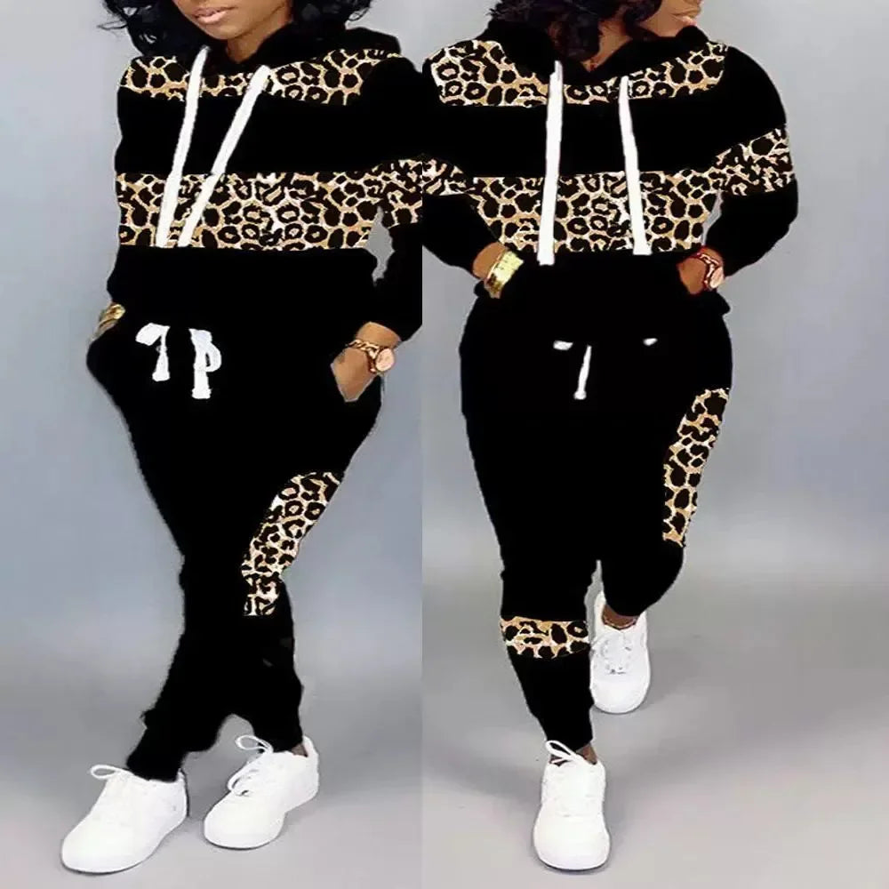 Maxy Long-sleeved Leopard Print & Trousers Hooded Sweatshirt Hoodie High Waist Pants 2pcs Women's Clothing