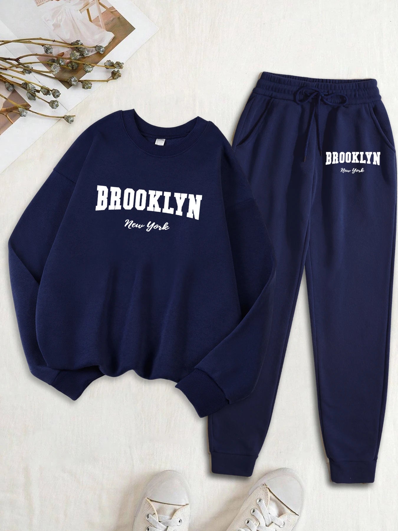 Maxy Brooklyn New York Letter Print Women Sweatshirt Set Autumn Fleece Clothes 2Pc Sets O-Neck Casual Tracksuit Fashion Jogging Pants