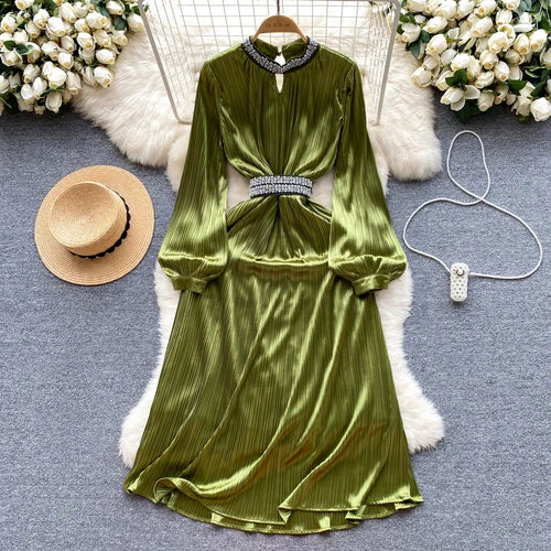 Maxy New Casual Spring Autumn Solid Slim Full Lady Dress A Line O Neck Chiffon Pullover Mid-Calf Women Dresses