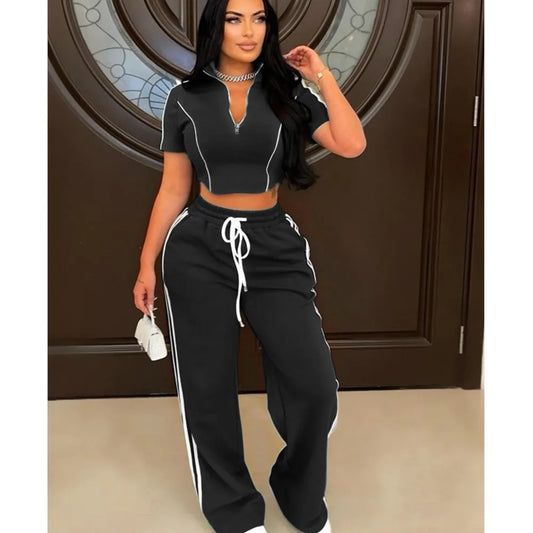 Maxy Fashion Casual Short Hoodie 2 Piece Women Summer Zipper Top Short Sleeved Sports T Shirt Stripe Splicing Long Pants Female Suit