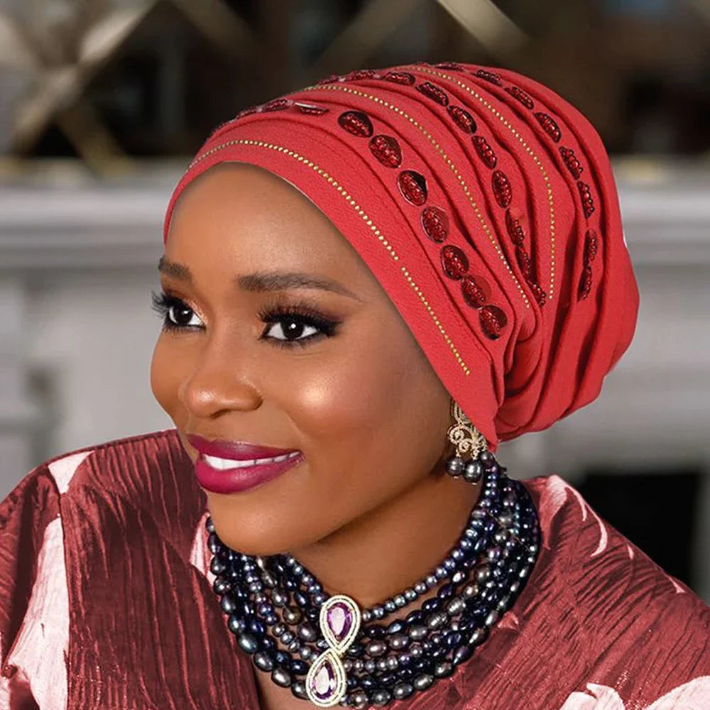 Maxy New Diamonds Turban Cap for Women Muslim Hijab Bonnet Headscarf Nigeria Geles Wedding Hat African Auto Gele Head ties Head Wrap