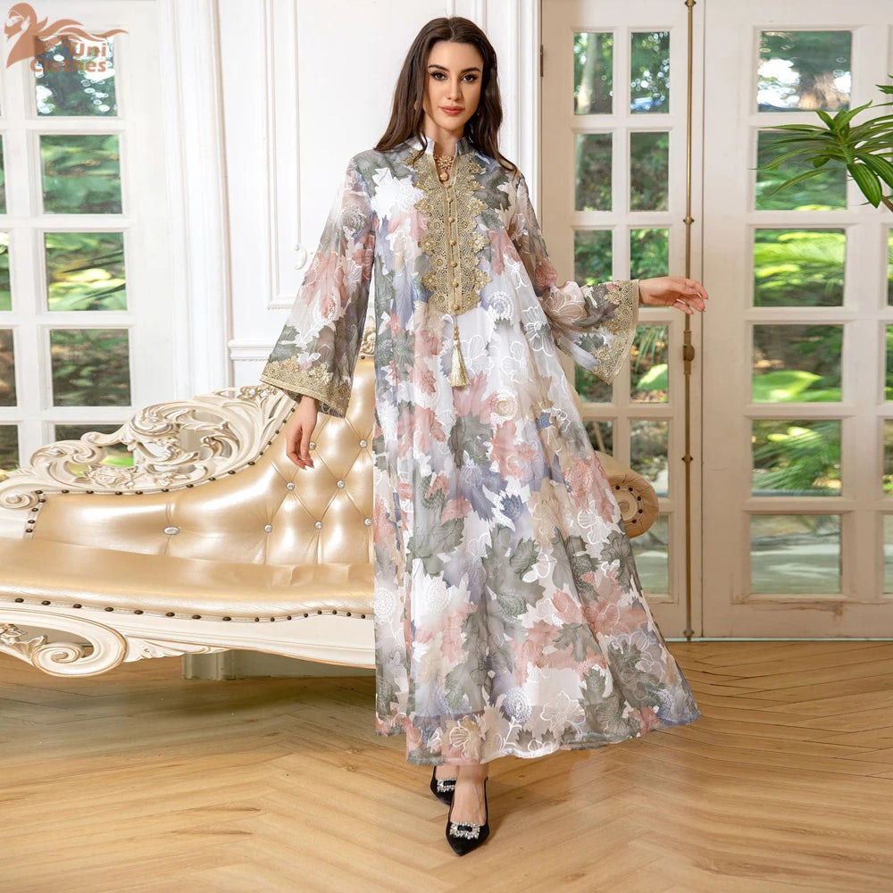 Uni Dubai Arab Fashion Printing Elegant Party Dresses Jalabiya Islamic Clothing Muslim Saudi Moroccan Women Kaftan Eid Robe