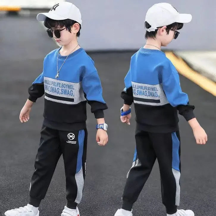 Maxy spring winter Boys Tracksuit velvet Children patchwork letters Cotton T-Shirt + Pants Suit Clothes children Set 10 12 Year