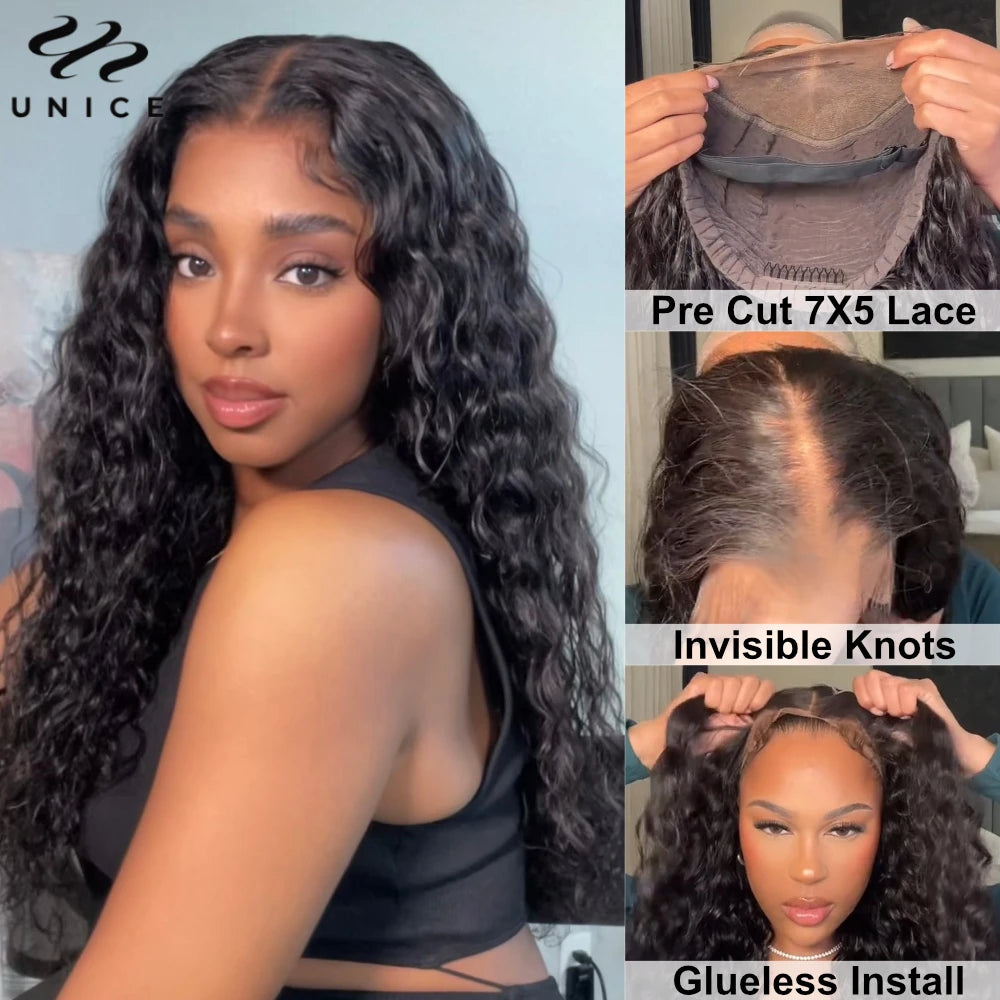 Unice Hair 7x5 Water Wave Glueless Wig Human Hair Ready To Wear Pre Cut Pre Bleached Pre Plucked Lace Front Human Hair Wig