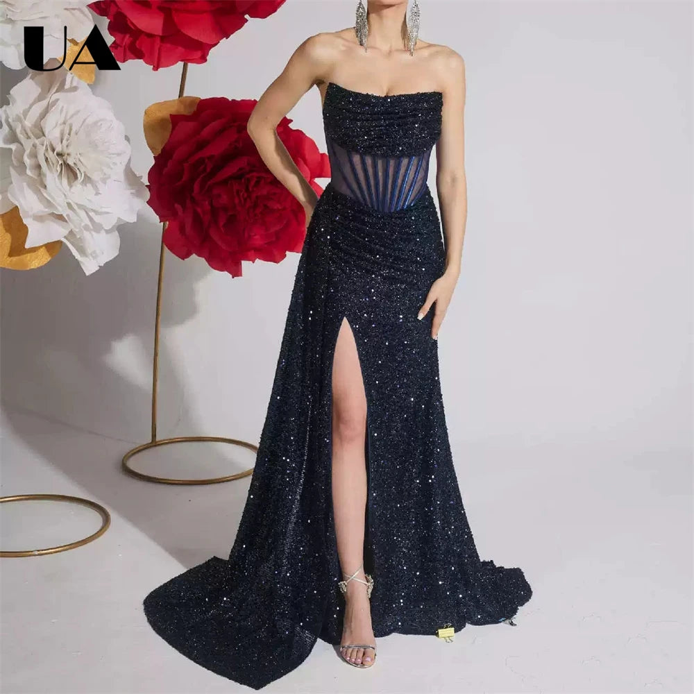 Maxy Women's Sequin Strapless Prom Dress Ruched Bodice High Slit Mermaid Gown Formal Evening Wedding Guest Ball Gown Sparkly Party