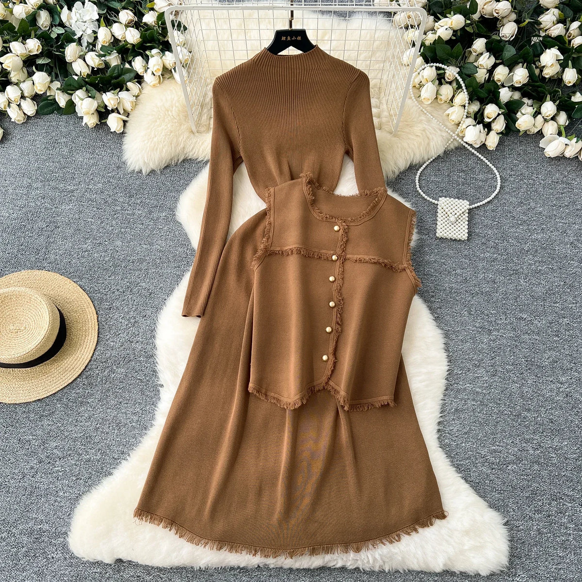Maxy Chic Women Two-Piece Sets Basics O-neck Single Breasted Vest and Slim Long Sleeve Knit Dress French High Street Winter Clothing