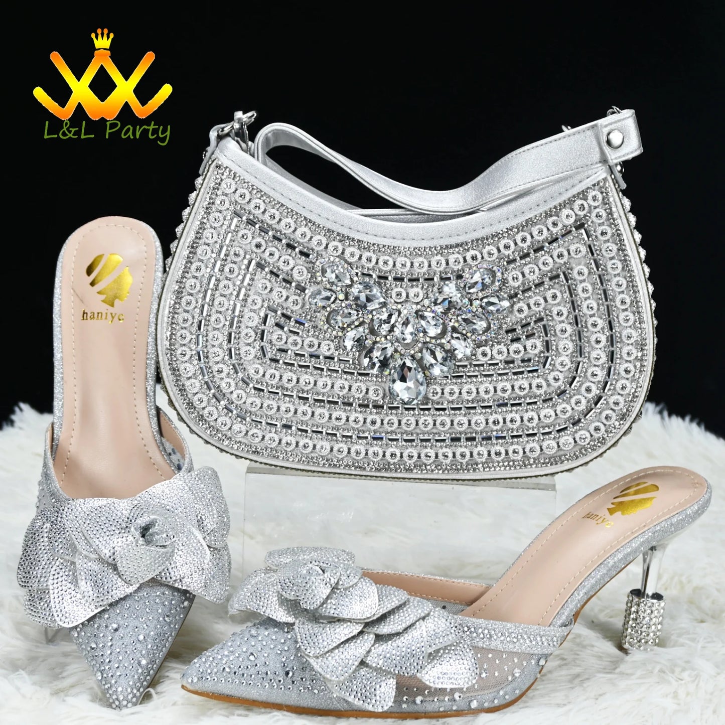 Max Elegant Style Special Design New Arrivals Italian Women Shoes and Bag Set in Silver Color Comfortable Heels for Slipper