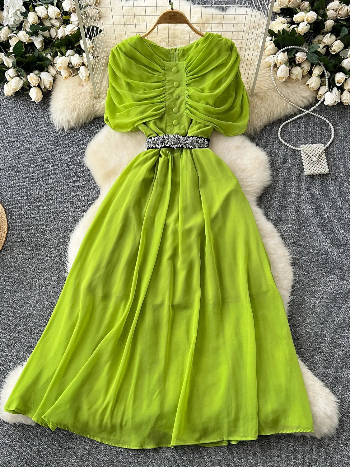 Maxy Spring Summer Women Red/Purple/Green Draped Chiffon Long Dress Vintage Round Neck High Waist A-Line Female Robe New